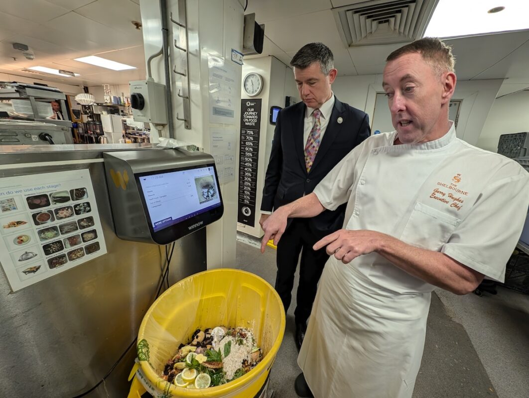 The Shelbourne's General Manager JP Kavanagh and Executive Chef Garry Hughes inspect food waste in the hotel's kitchen. 