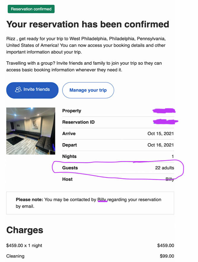 This confirmation from Vrbo clearly shows 22 guests were included in the reservation.