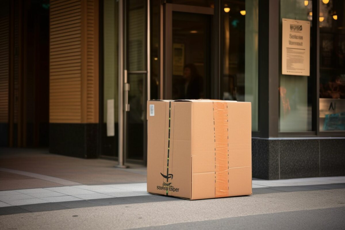 An undelivered box outside a grocery store. Is this the Amazon return package?