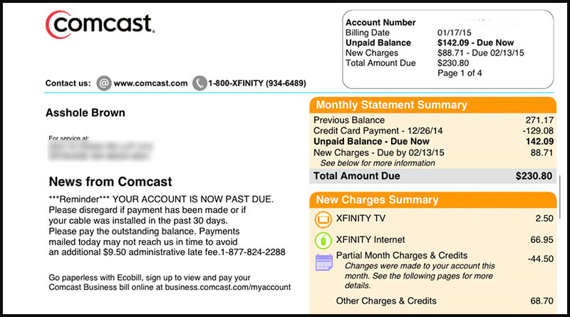 Someone at Comcast changed her husband's name to A**hole on their bill