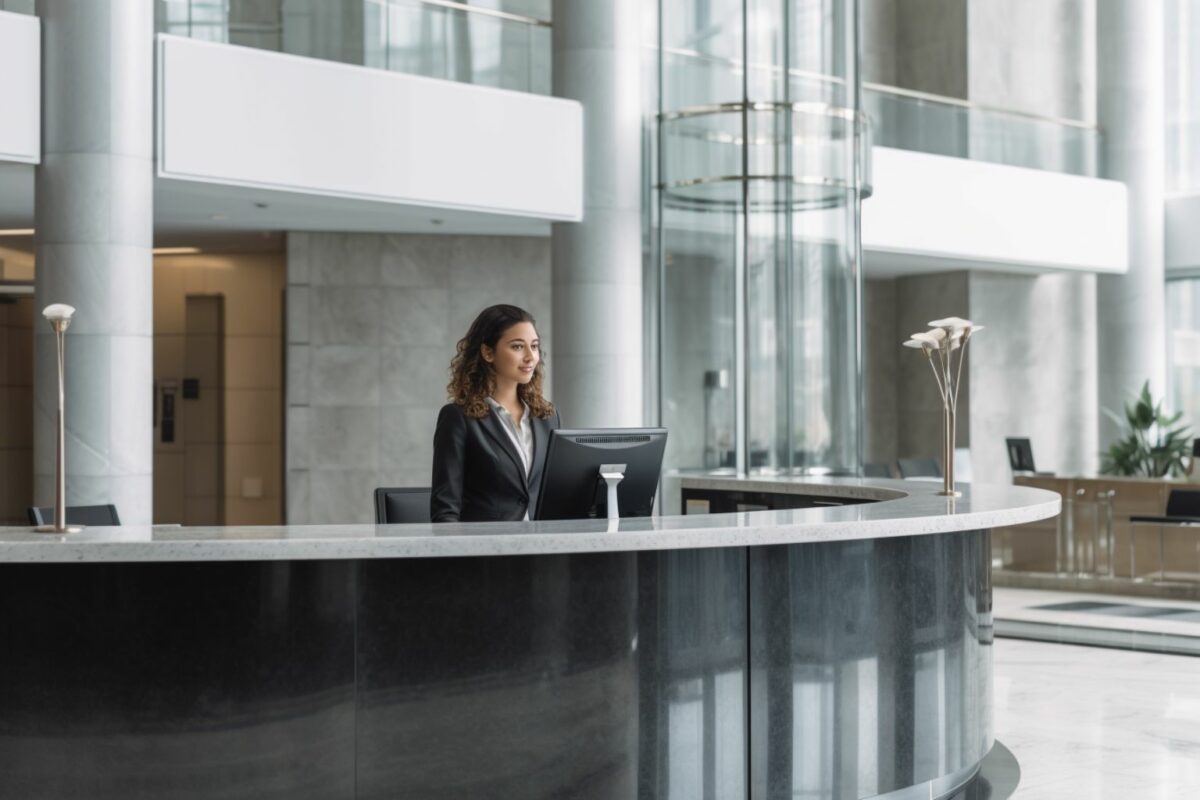 A woman at a reception desk at corporate headquarters.