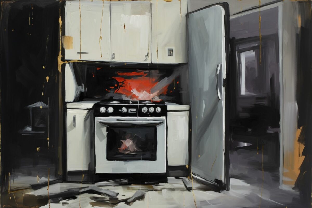 Painting of a kitchen with a broken stove.