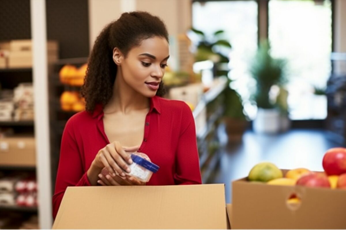 Woman packing her Amazon return package at a Whole Foods store.