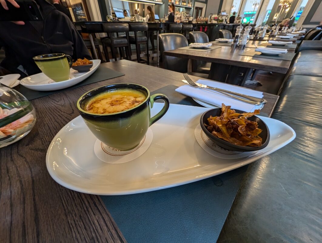 The Shelbourne's famous zero-waste sweet potato and onion soup in No. 27 Bar & Lounge. 